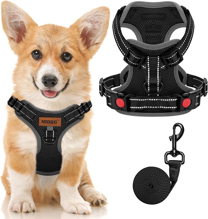 MIDOG No-Pull Dog Harness | Adjustable & Reflective Pet Harness Leash Set for Small Medium Large Dogs Walking, Training| No Choke, Front Clip, Soft Padded Vest with Easy Control Handle - Black, S