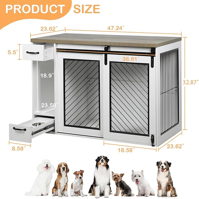 Large Dog Crate, Dog Crates for Medium Dogs, 47.2" Dog Kennel Indoor with Drawers, Feeder Bowls and Storage, 2 Sliding Doors, Heavy Duty Dog Crate Farmhouse Modern Side End Table for Small Medium Dogs