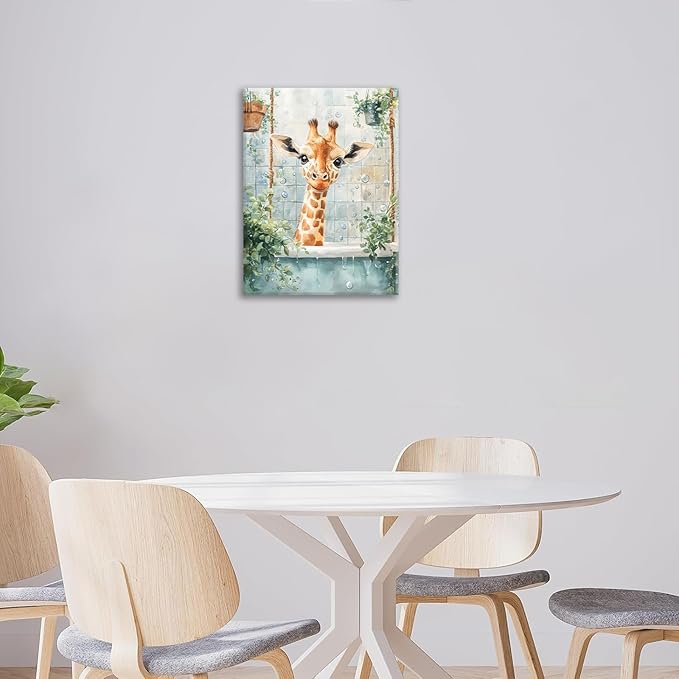 Bathroom Funny Giraffe Pictures Wall Art, Watercolor Giraffe Bathroom Wall Decor, Animal Framed Painting Canvas Artwork for Living Room Decorations 16"L x 12"W