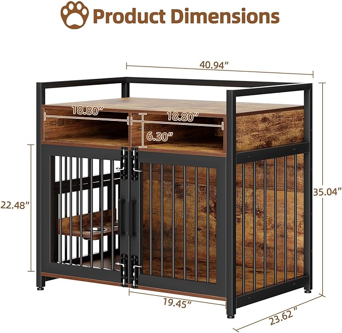 Large Dog Crate Furniture, 41 Inch Wooden Dog Crate, Heavy Duty Dogs Kennel with 2 Drawers Storage, 360° Adjustable Raised Feeder, Indoor Dogs House End Table