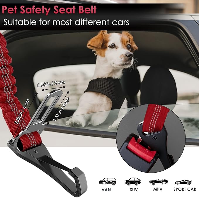 SlowTon 2 Pack Dog Seat Belt, 2 in 1 Attachment, Hook Latch Bar or Seatbelt Buckle with Elastic Nylon Bungee Buffer Adjustable Reflective Nylon Safety Belt Tether Connect to Dog Harness (2pack-R)