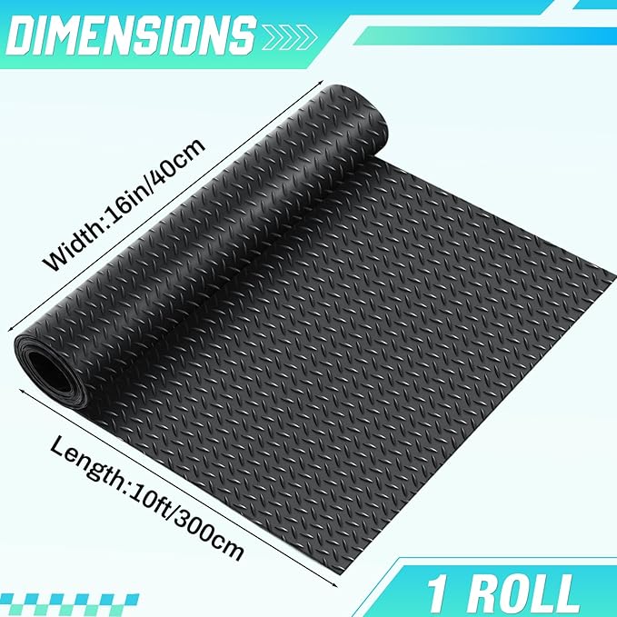 Breling 16 in x 10 ft Rubber Diamond Plate Rolls Mats, Heavy Duty Flooring Rug for Trailers Garage, PVC Water/Stain Outside Stall Resistant Parking Rv Tool(Black)