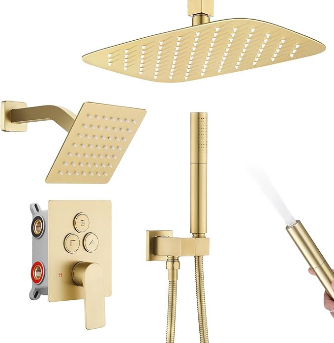 12 Inch Rain Shower System, Brushed Gold Shower Faucet Set with Push Button Diverter, 6 Inch Wall Mounted 3-Functions Bathroom Shower Systems with Dual-Function Handheld