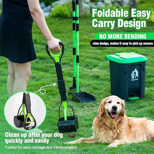 MXF Pooper Scooper Set - 28" Dog Pooper Scooper & Long Handle Stainless Metal Tray&Rake, 15 Litre Step Dog Poop Trash Can w/Removable Inner Bucket, 20 Waste Bags for Outdoors