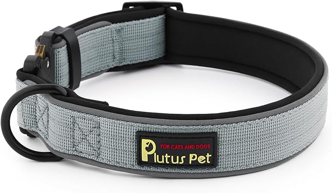 Plutus Pet Tactical Dog Collar, Reflective, Adjustable Heavy Duty Dog Collar, Soft Padded and Comfortable, for Small Medium and Large Dogs (Gray, M)