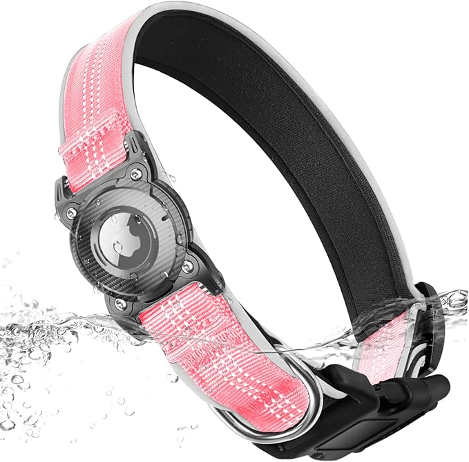 ONEONTA Airtag Dog Collar | Waterproof Airtag Dog Collar Holder with Removable Metal Loop - Airtag Collar Heavy Duty, Reflective, Ultra-Durable, Comfortable Padded, for Small Medium Large Dog Pink XL