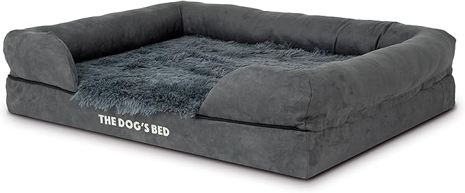 The Dog’s Bed, Large Grey Fur, Memory Foam, Pain Relief: Arthritis, Hip & Elbow Dysplasia, Post Surgery, Lameness, Supportive, Calming, Waterproof Washable Cover, Veterinary Approved