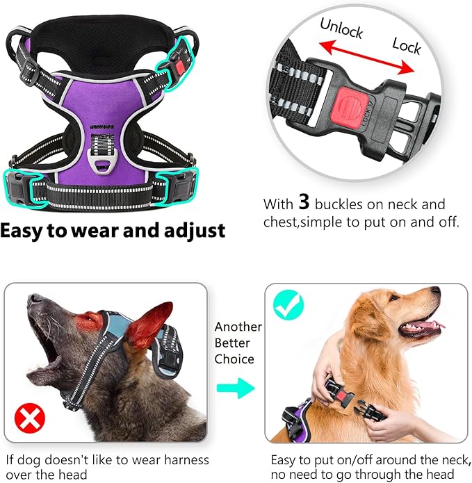 Timos Dog Harness Small Sized, No Pull with Neck Lockable Snap,No Choke Front Clip Dog Reflective Harness,Adjustable Metal Rings 3 Buckles,Easy Control Handle for Small Dogs Purple S