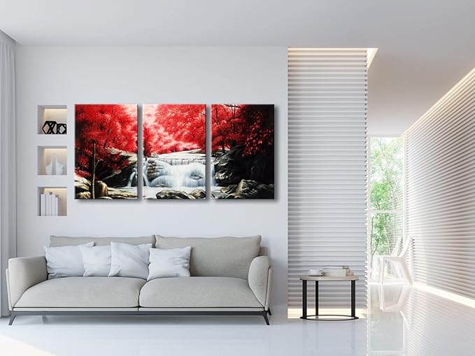 Wieco Art 3 Piece Red Forest Waterfalls Canvas Prints Wall Art for Living Bedroom Room Home Decorations Modern Gallery Wrapped Landscape Tree Oil Paintings Reproduction Pictures Artwork
