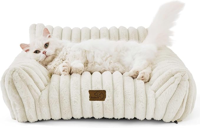 Bedsure Cute Couch for Pets - Fluffy Pet Sofa with Premium Soft Corduroy Fleece, Fuzzy Cat Beds for Indoor Cat with Removable Washable Cover, Supportive Pet Chair, 24inch, Cream