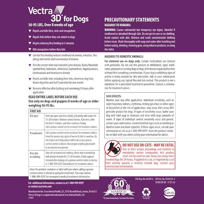 Vectra 3D for Dogs Flea, Tick & Mosquito Treatment & Prevention for Large Dogs (56 to 95 lbs) , 6 month supply