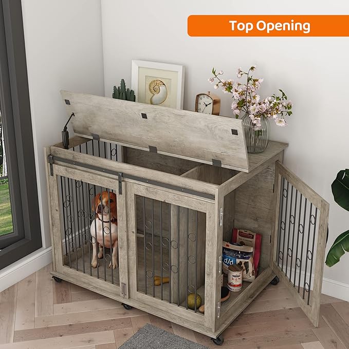 IchbinGo Large Dog Crate Furniture with Sliding Barn Door, 43.7" Wooden Dog Kennel End Table with Wheels and Flip-top Plate Dog House with Detachable Divider for Small/Medium/Large Dog (Rustic Grey)