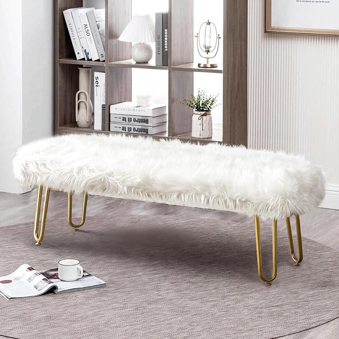 42.5Inch White Bedroom Bench, Benches for Bedroom White Faux Fur Upholstered Bed end Bench, Tufting Bench Indoor Bench with Metal Legs for Living Room Bedroom Dining Room Entryway
