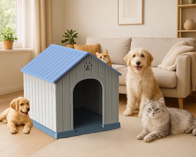 Vixzen 38in Large Outdoor Dog House,Durable Water Resistant Resin Dog House,Doghouse for Small to Large Dogs Indoor or Outside,with Air Vent and Elevated Floor,Blue