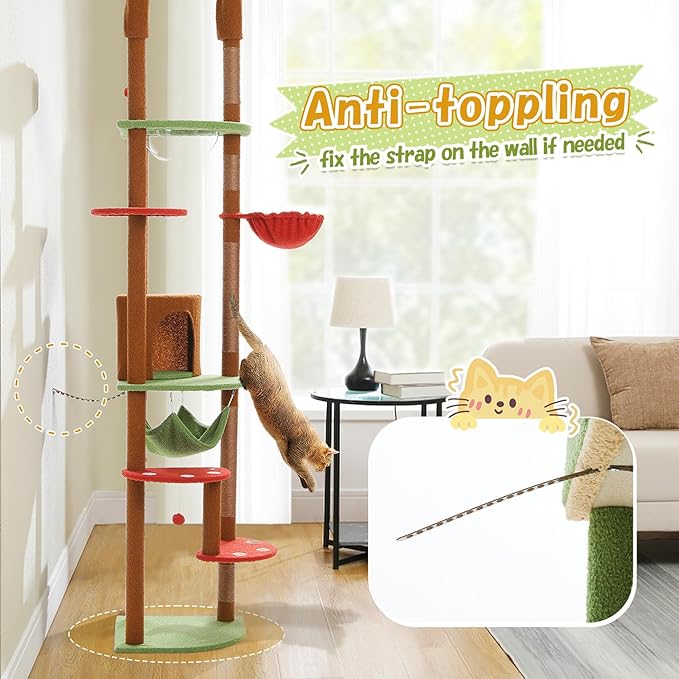 PEQULTI Floor to Ceiling Cat Tree 92.9’’-101.6’’ Height Adjustable Mushroom Cat Tower Tall Climbing Play House with Scratching Posts, Cozy Condo, Perches and Large Hammock for Indoor Cats Brown