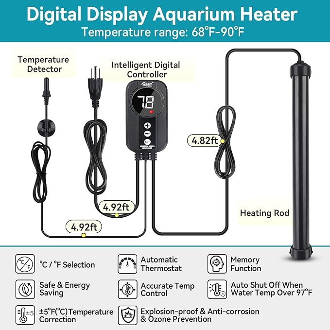 hygger Aquarium Heater 300W,Titanium Heater with Digital LED Controller and Temperature Probe,Submersible Fish Tank Heater with Temperature Calibration,for Saltwater & Freshwater Fish Tank 50-60Gallon