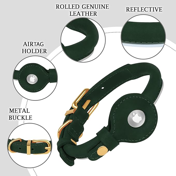OOPSDOGGY Rolled Leather Dog Collar with Airtag Holder - Reflective Round Airtag Dog Collar - Soft Tracking Pet Collar for Small Dogs Puppy Cats Kitten (Green, S, 10"-13")