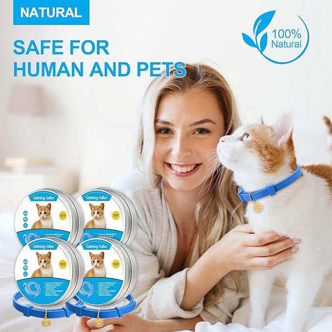 4 Pcs Cat Calming Collar Adjustable Lavender Scent Relaxing Cat Collar with 2 Pendant for Puppies Reduce Stress Aggression Anxious, up to 15 Inches(Blue)