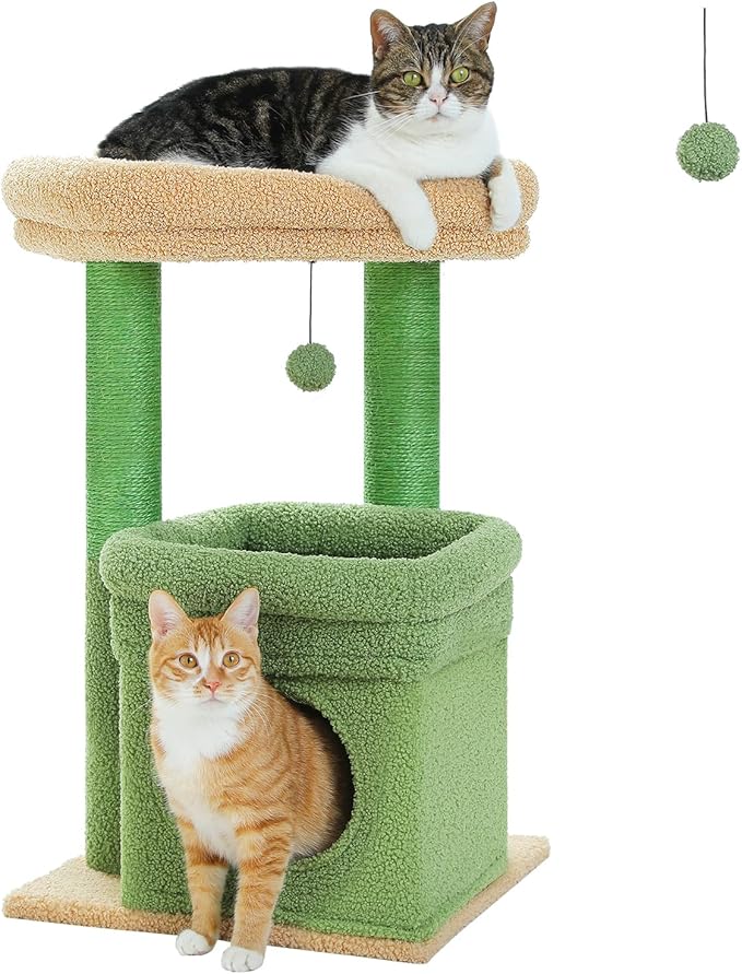 PEQULTI Cat Tree Cactus Cat Tower for Indoor Cats with Private Cozy Cat Condo, Natural Sisal Scratching Posts and Plush Pom-pom for Small Cats Green