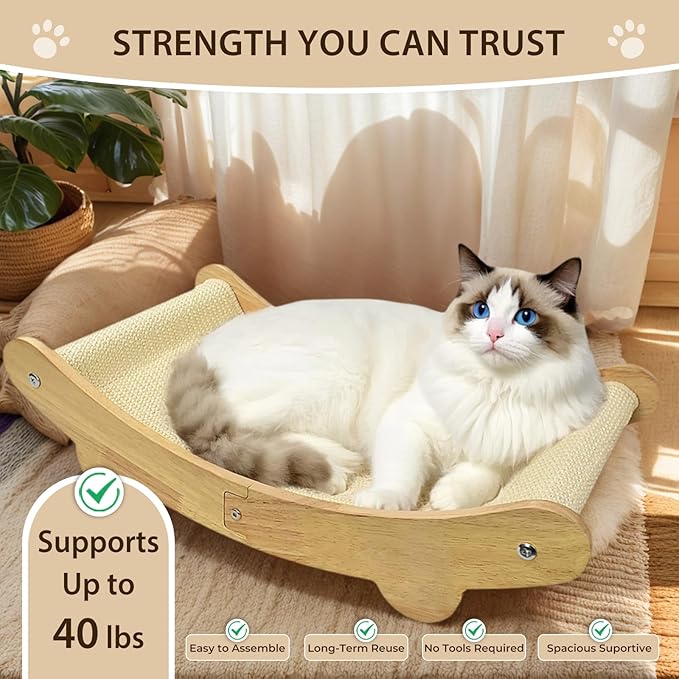 2-in-1 Sisal Cat Scratcher Bed for Indoor Large Cats – Hammock Lounge with Natural Sisal Pad, Wooden Cat Furniture for Scratching and Resting