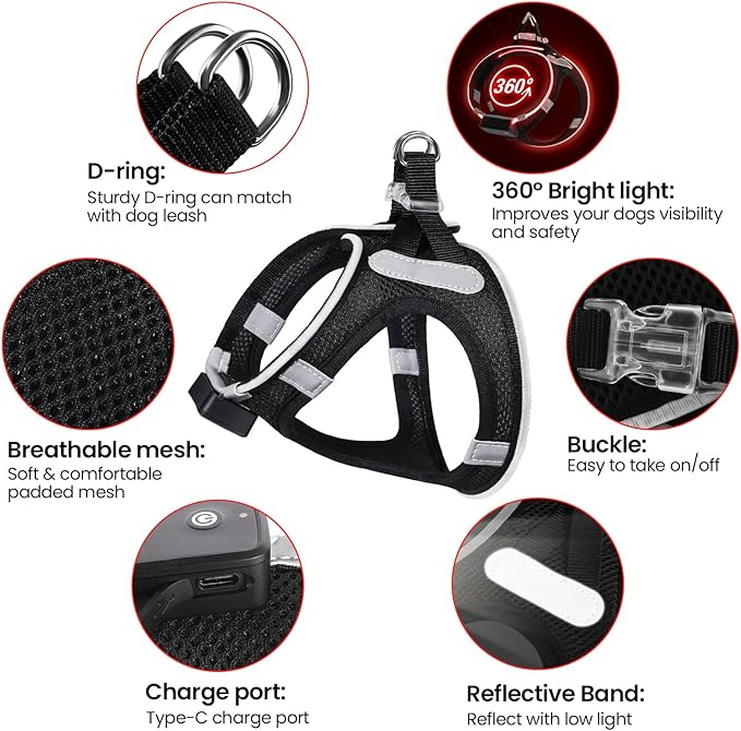 PceoTllar Light Up Dog Harness, LED No Pull Reflective Dog Harness, Flashing Lighted for Night Walking - Small/Medium, (Black Red,L)