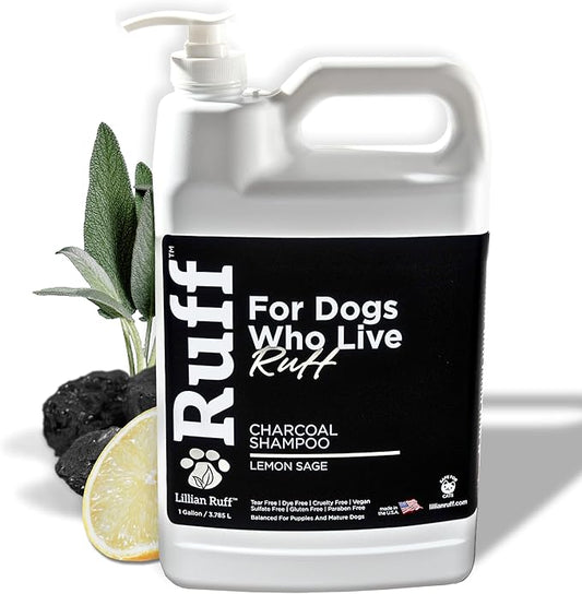 Ruff by Lillian Ruff Activated Charcoal Pet Shampoo – Lemon Sage – Deep Cleanser, Deodorizer & Stain Remover – Hydrates Dry Itchy Skin – Puppy & Dog Safe – USA Made (Gallon Pump)