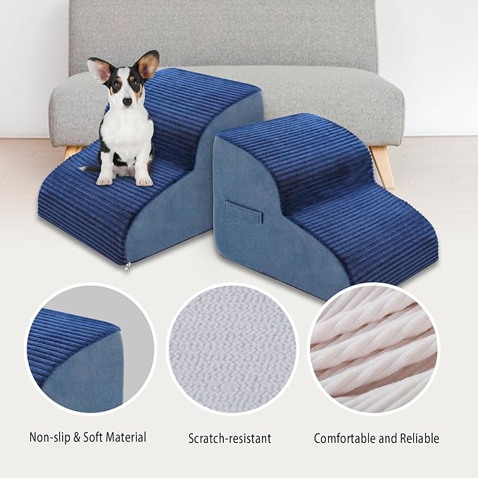 High Density Foam Dog Stairs Steps, 13.7’’ Non-Slip Extra Wide Deep Pet Steps for Beds Or Couches, for Injured or Older Pets Dogs and Cats with Joint Pain, 2-Tiers (Navy Blue)