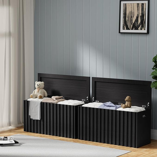 UEV Black Storage Bench Set of 2, 39.4" Fluted Wood Storage Trunk with 2 Safety Hinges, Sturdy Storage Chest, Storage Bench for Bedroom,Entryway, Living Room