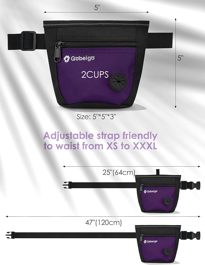 Gobeigo Dog Treat Pouch and Training Clicker, Upgrade Two Magnetic Closure to Prevent Spills, 2 Cup Treat Bag with Poop Bag Dispenser, Metal Clip Waist Belt Fanny Pack for Pet Walk (Black/Purple)