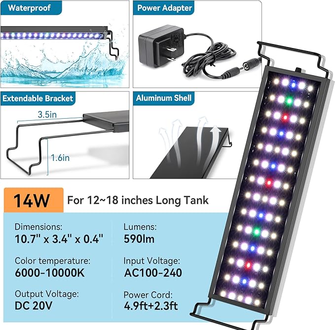 hygger Aquarium LED Light Fish Tank Full Spectrum Lighting with 24/7 Day-Night Cycle Mode & Auto On/Off Timer, 7 Colors Options, Dimmable, Extendable Bracket for 12~18inch Freshwater Plant Tank