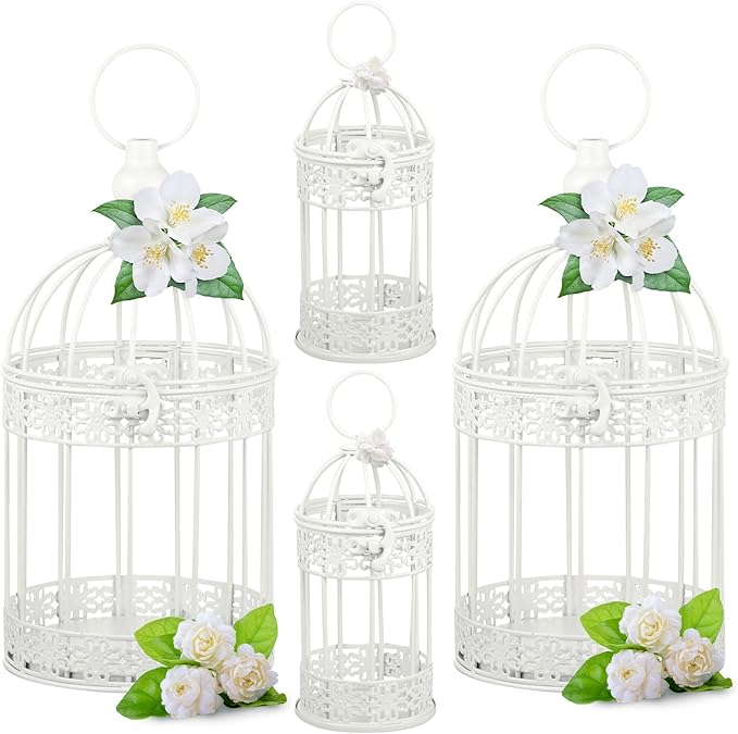Sliner 4 Pcs Bird Cage Decorative Candle Holder Vintage Candle Holder Cage Lanterns Model for Modern Table House Home Decoration(White)