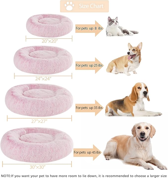 WNPETHOME Calming Dog Bed Cat Bed Donut, Faux Fur Pet Bed Self-Warming Donut Cuddler, Comfortable Round Plush Dog Beds (24 x 24 x 8 Inch, Light Pink)