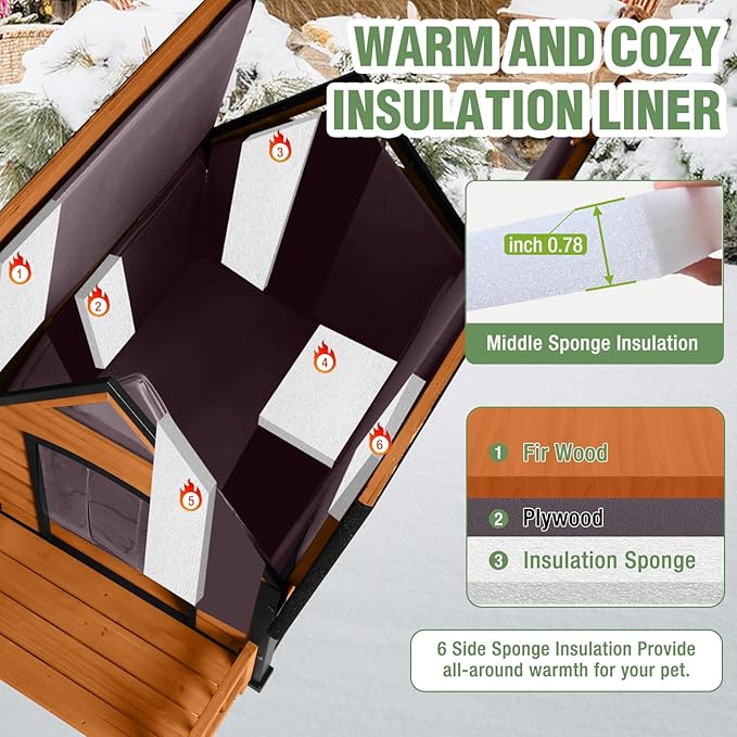 Large Dog House Outdoor Insulated Weatherproof Dog Kennel with Insulated Liner, Dog Shelter for Large Breed with Anti-Chewing Iron Fram and Porch (Brown, 50.9" D x 37.4" W x 37.2" H)