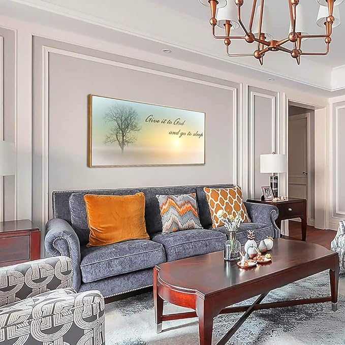 Lasdel Natural Extra Framed Wall Art of Misty Sunset & Tree Plant Picture For Bedroom Home Above Bed,Large White Country Wood Sign For Bathroom,Give It To God & Go to Sleep Artwork Decor,24x48