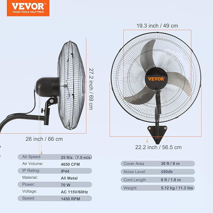 VEVOR 20 inch Wall Mount Fan Oscillating, 3-speed High Velocity Max. 4650 CFM Industrial Wall Fan for Indoor, Commercial, Residential, Warehouse, Greenhouse, Workshop, Basement, Black, ETL Listed
