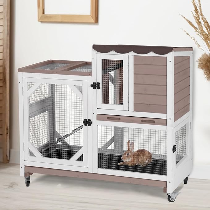 Aivituvin Rabbit Cage Indoor Outdoor Bunny Hutch on Wheels, 2 Story Wood Guinea Pig Cages with 2 Deeper Pull Out Trays