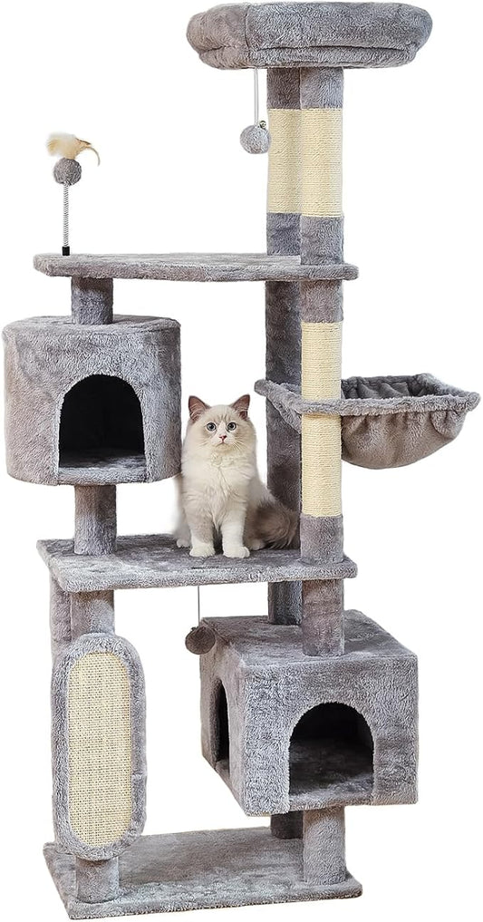 Hoopet 70-Inch Large Cat Tree for Multiple Cats Cat Tower with 2 Condos, Scratching Posts, Hammock & Platform, Plush Perch for Indoor Activity Relaxing Easy Assembly Grey