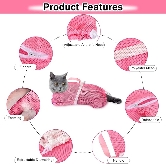 JULMELON Cat Washing Bag 10 PCS Set, Adjustable Cat Shower Net Bag and Pet Grooming Brush with Nail Clipper Nail File Hair Combs Tick Tool Nail Caps for Bathing Nail Trimming Examination(Pink+Grey)