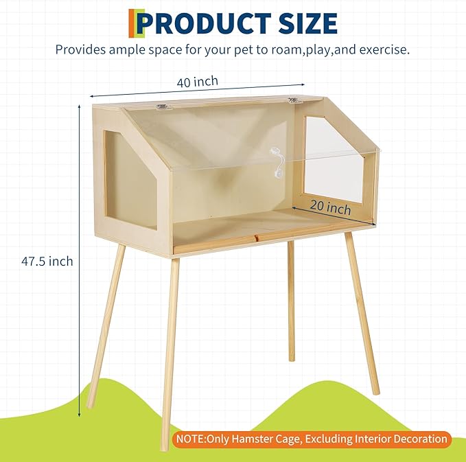 Wooden Hamster Cage with Legs, 40" l x 20" w x 47.5" h Guinea Pig Cages Chew Proof,Large Hamster Habitats Enclosure with Acrylic Window & Openable Top for Guinea Pig, Chinchilla, Gerbil