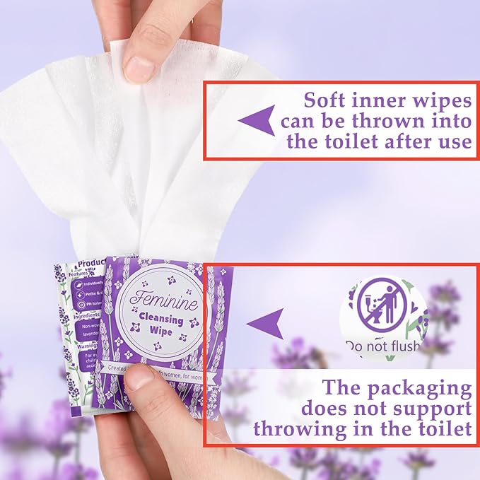 Tondiamo 200 Pcs Feminine Wet Wipes for Women Individually Wrapped Flushable Wipes Travel Size Soothing Personal Wipe Cleansing Natural Ingredients for Feminine Daily Use(Lavender)