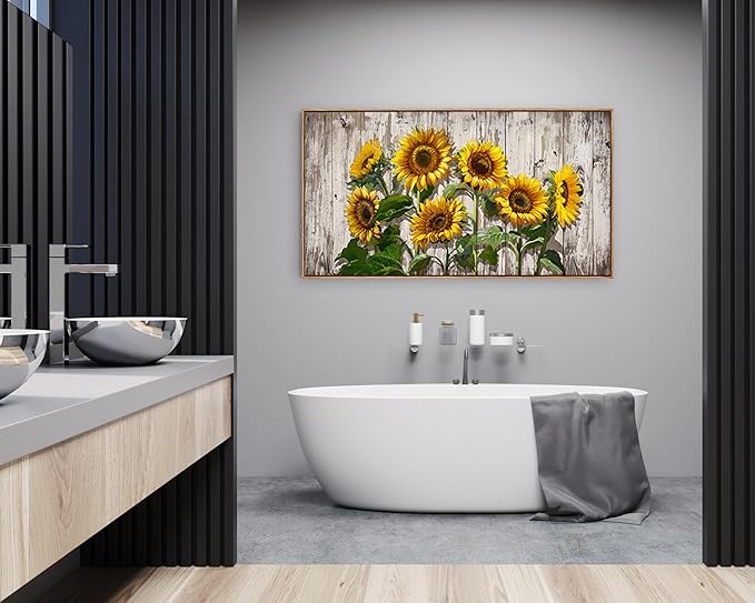 Jiuqinghua Canvas Prints Wall Art Abstract Board Paintings 1 panel Wall Art for Bedroom Rustic Sunflower Kitchen Decor Yellow Vintage Wall Decor Sunflowers Wood Grain Framed for Living Room Bedroom
