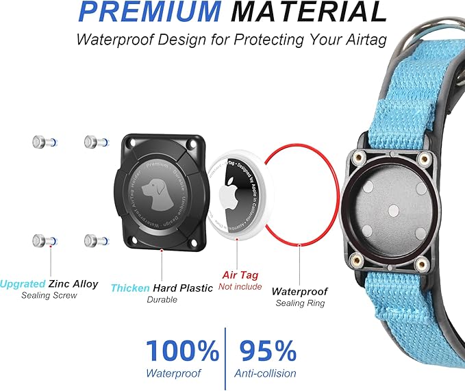 Waterproof Airtag Dog Collar - Nylon Collar with Durable Airtag Holder, Reflective&Anti-Lost with Safety Metal Buckle, Soft Padded Adjustable for Small Medium Large Dogs Blue S