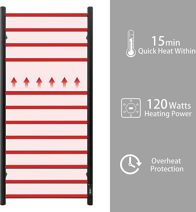 KEG Towel Warmer Wall Mounted with Built-in Timer 12 Bars Electric Stainless Steel Heated Towel Racks for Bathroom, Hot Plug-in Bath Towel Heater Matte Black