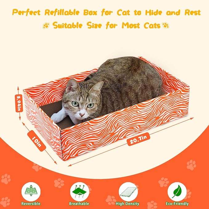 Cat Scrather Box with 4 pcs Large Scratching Cardboard and Toy Ball, Catnip, 4 in 1 Large Refillable & Reversible Cat Scratcher Pad, Cardboard Cat Bed for Big Medium Small Lazy Kitty