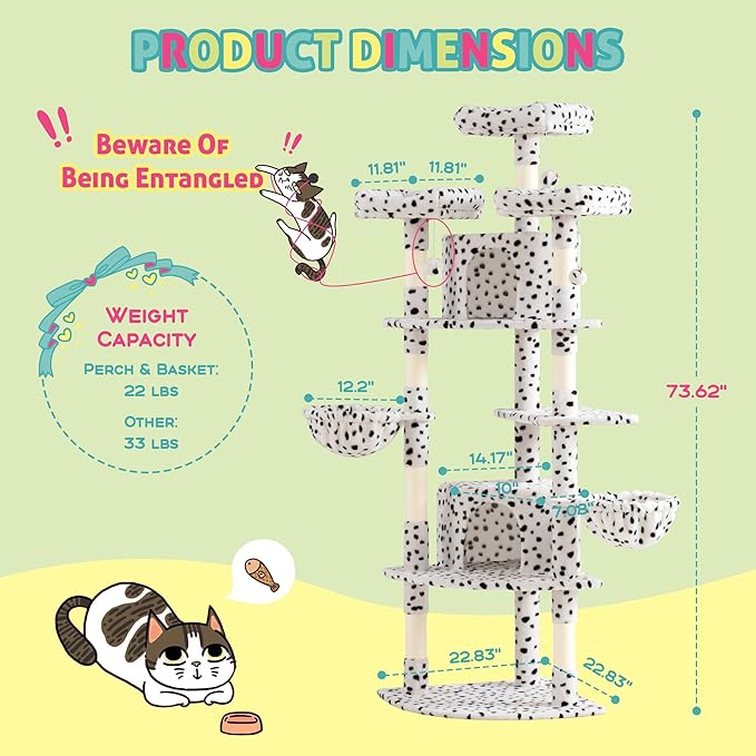 SHA CERLIN 73in Fan-Shaped Corner Cat Tower for Save Space/Multi-Level Tall Tree for Indoor Kitties/Condo with Baskets/Cozy Perches/Sisal Scratching Posts/Pet Activity House/White & Black Spot