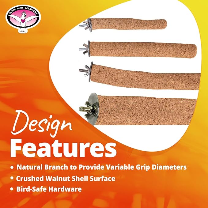 Super Bird Creations SB1152 Sure-Grip Grooming Perch for Small/Medium Birds - Enriches Beak and Foot Health - Ideal for Cockatiels, Parrots, Parakeets, Conures, Quakers - 3/4" Diam x 8" (Medium)