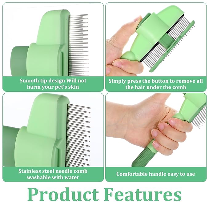 Flea Comb for Cats Dogs Brush for Shedding with Release Button Fine Tooth Pet Hair Removal Comb with Long & Short Stainless Steel Teeth for Deshedding Self-Cleaning Brush for Cat Dog Small Pets