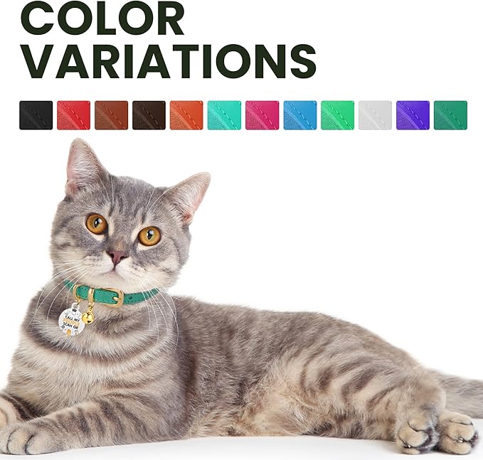 BRONZEDOG Leather Cat Collar with Removable Bells Non Breakaway Kitten QR Tag for Girl Boy (9" - 12" Cats/Mini Dogs, Red & Gold)