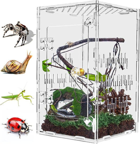 Jumping Spider Enclosure, Large Acrylic Praying Mantis Habitat, 10"*6"*6" Ventilated Insect Terrarium Cage with Front Opening Door for Small Retiles - Arboreal Tarantula, Snails, Bug, Lizard