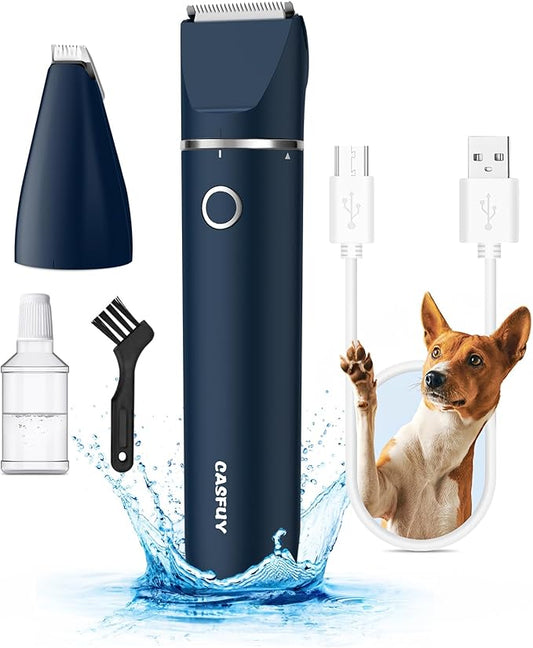 Casfuy Cordless Hair Trimmer, Low Noise Grooming Clipper for Dogs Cats & Small Pets, USB Rechargeable, Double Blades for Trimming Hair Around Paws, Eyes, Ears, Face, Rump